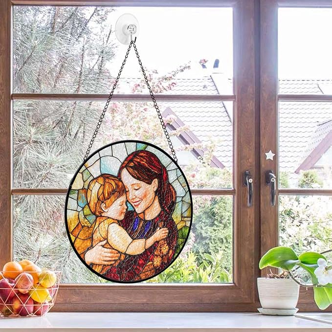 LOVELYPOD Custom Mom Faux Stained Glass Sun Catcher, Personalized Family Portrait Window Hanging, Gifts for Mom, Custom Photo Gifts, Mothers Day Sun Catcher