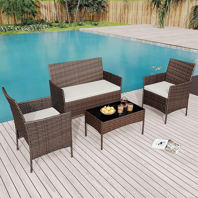 4 Pieces Patio Furniture Sets, Outdoor Wicker Conversation Sets with Soft Cushion and Glass Coffee Table, Modern Rattan Patio Chairs Conversation Sets for Garden, Balconies, Poolside (Brown/Beige)