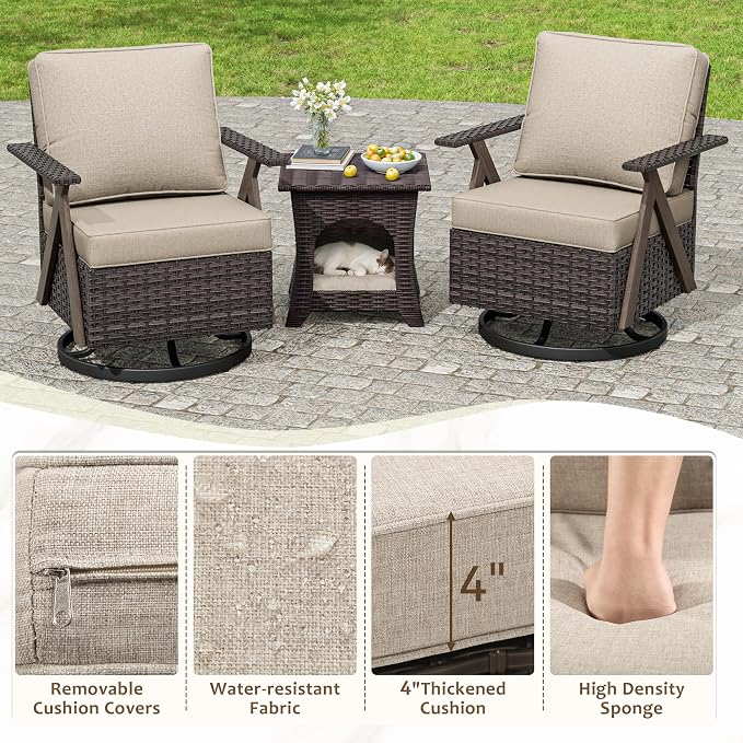 Outdoor Swivel Rocker Chairs, 3 Pieces Wicker Swivel Patio Chair with Rattan Side Table, Patio Furniture Set for Outside Porch Deck