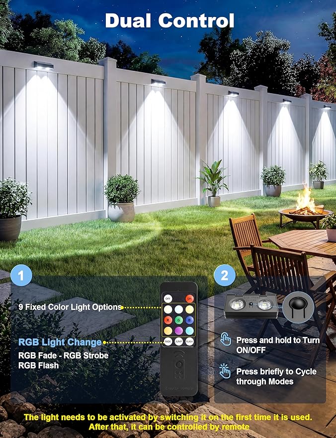 JOFIOS Solar Fence Lights with Remote, Warm White, Cool White and RGB Color Glow LED Outdoor Wall Lights, IP65 Waterproof Solar Lights for Fence, Backyard, Railing, and Deck, Home Improvement, 2 Pack