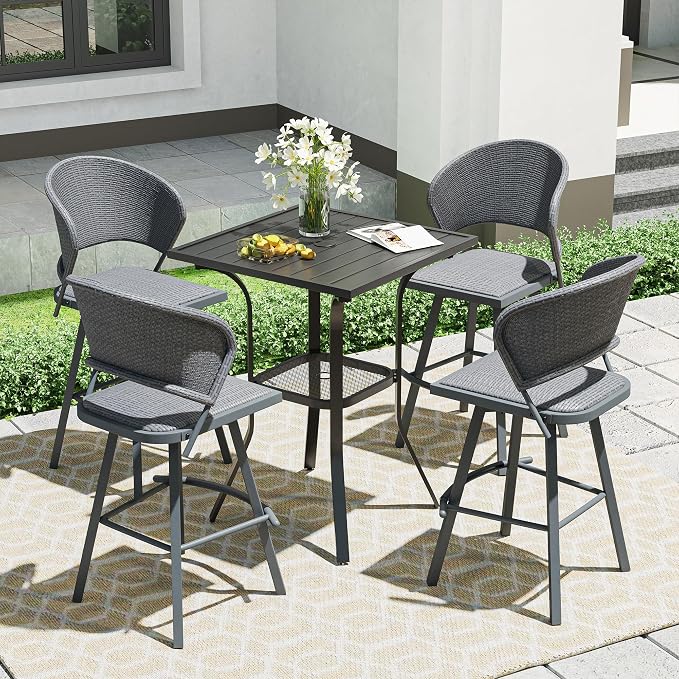 VICLLAX Outdoor Bar Table, 28" Wide Square Patio Bar Height Table Weather Resistant Metal Slatted Tabletop with Umbrella Hole for Balcony Front Porch, Backyard, Black