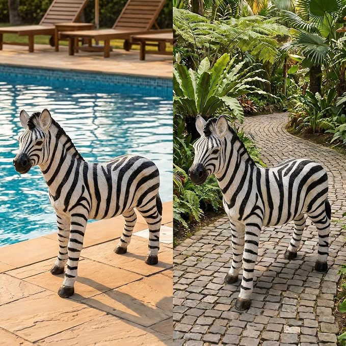 18.3" Realistic Zebra Garden Statue, Black & White Striped | Safari Animal Sculpture, For Patio, Yard & Pool Decor