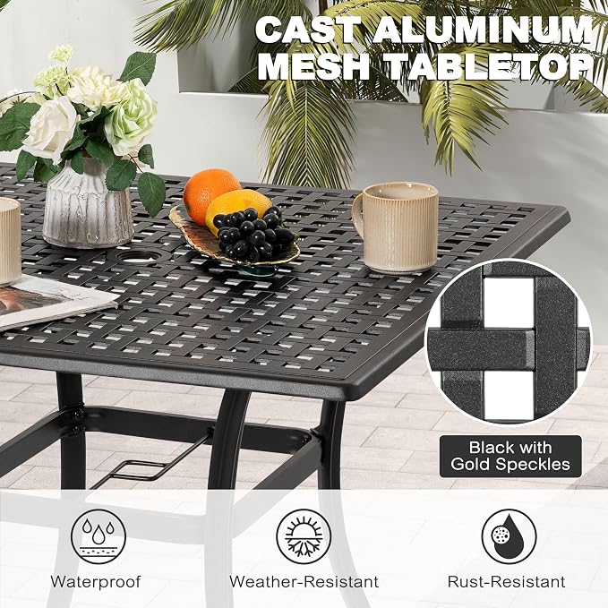 NUU GARDEN 35 Inch Square Cast Aluminum Outdoor Dining Table for 4 with Umbrella Hole and Mesh Top, Patio Table for Garden Backyard Poolside, Black with Gold Speckles