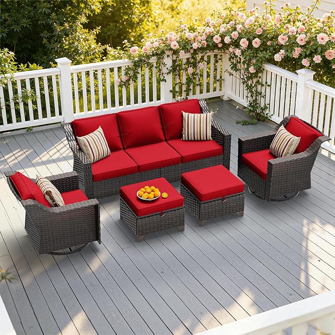 5 Pieces Patio Conversation Furniture Set - 1 Sofa, 2 Swivel Chairs, 2 Ottomans, Outdoor Wicker Furniture with Removable Cushions for Porch, Balcony, Sunroom (Red)