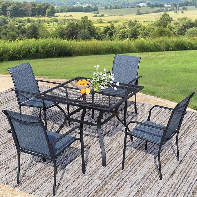5-Piece Outdoor Dining Set, Square Metal Table with Light Blue Chairs, Black Patio Table with Umbrella Hole for Garden, Yard, Patio