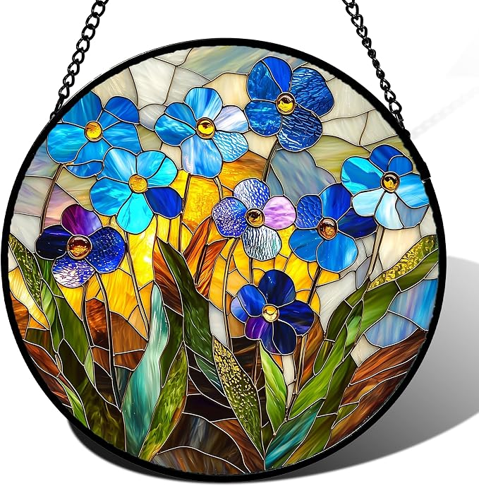 Stained Glass Window Hanging - Blue Wildflower Plant Flowers Sun Catcher for Door Garden Home Decor Suncatcher Christmas Mother's Day Birthday Gifts for Women Men Mom Nana 9.8 in