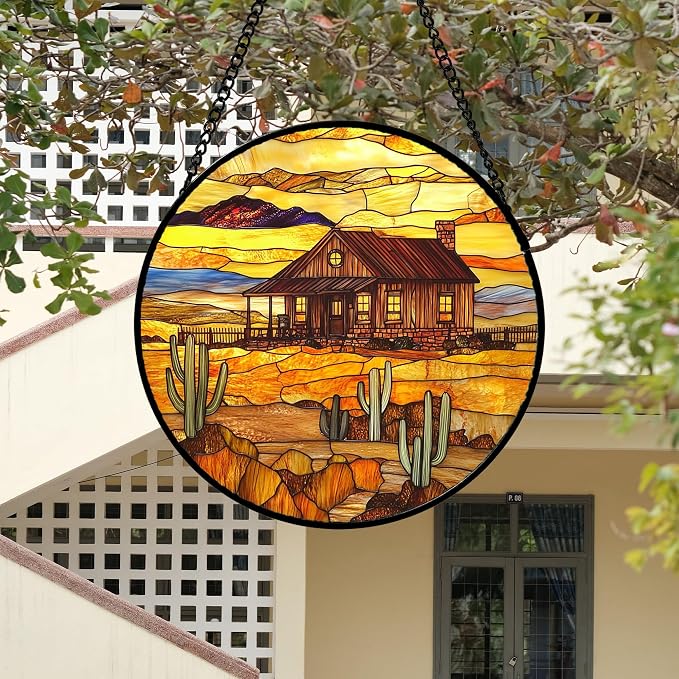 DASTOLL Stained Glass Window Hanging 4 Pcs Set Desert Sunset Theme Landscape 7.8" - Suncatcher Door Garden Sun Catcher Decor Birthday Christmas for Mom Woman Nana Men