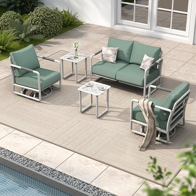 MBY Outdoor Aluminum Patio Furniture Set, 4-Seats Patio Conversation Sofa Set with 2 Coffee Tables and 2 Swivel Rocking Chairs, All Weather for Balcony, Garden-White
