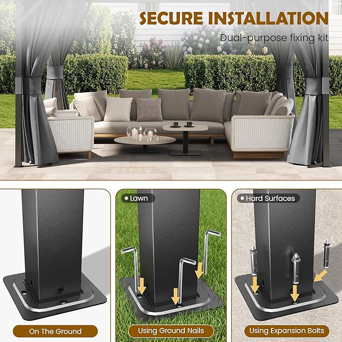 UDPATIO 12'x14' Hardtop Gazebo, Permanent Patio Pavilion with Breathable Netting and Privacy Curtain for Dining Party, Grey