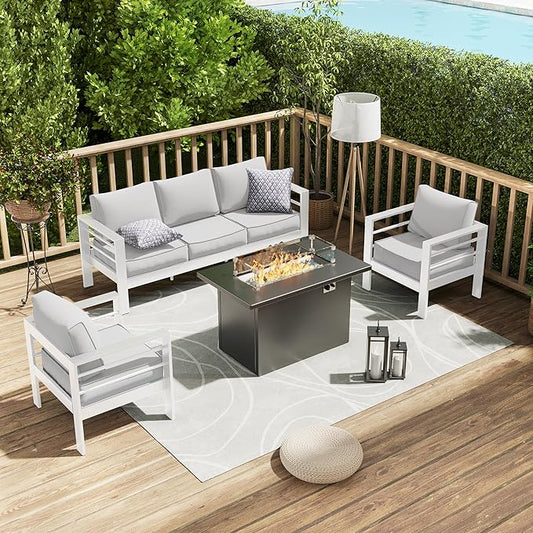 Amopatio Patio Furniture with Fire Pit, 6 Pcs Aluminum Outdoor Sectional Metal Patio Sofa Sets with Aluminum Fire Pit Table for Backyard,White(Included Waterproof Covers)