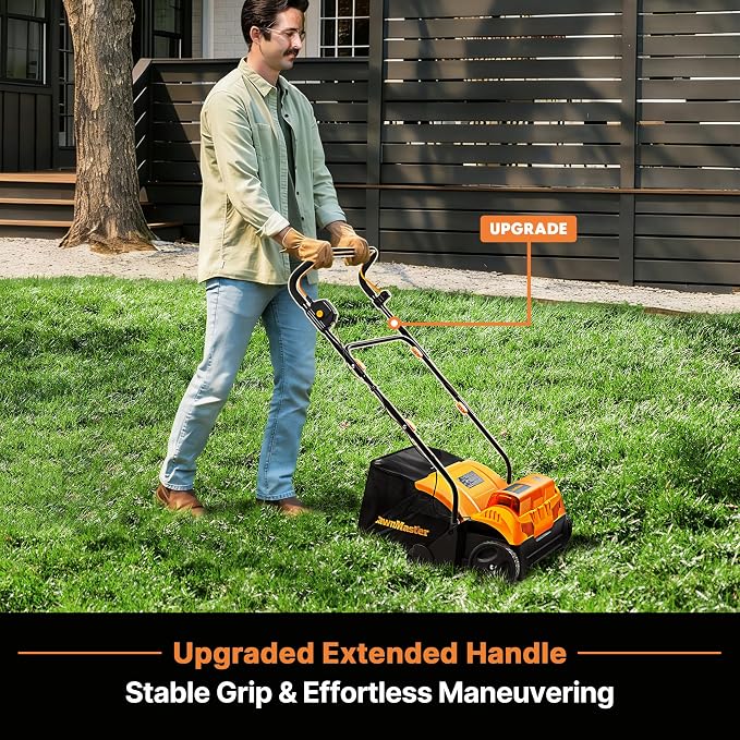 LawnMaster 48V MAX Brushless 16” 2-in-1 Cordless Dethatcher and Scarifier with Removable Thatch Collection Bag Quick-Fold – CLGVB4816