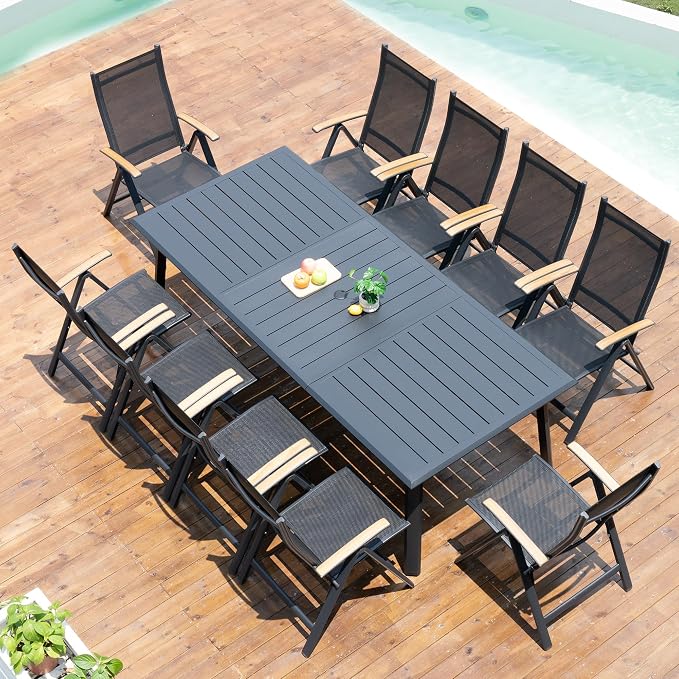 Pellebant 11 Pieces Aluminum Patio Table and Chairs Set - 94" Rectangular Table and Foldable Chairs Outdoor Dining Set with Umbrella Hole, Weather Resistant Sturdy Frame for Deck, Porch & Backyard