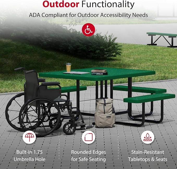 Leisure Craft Metal Picnic Table with Bench - 46" Square Outdoor Dining Table with Umbrella Hole, Heavy Duty Thermoplastic Coating, ADA Compliant, Commercial Grade Furniture Made in USA - Green