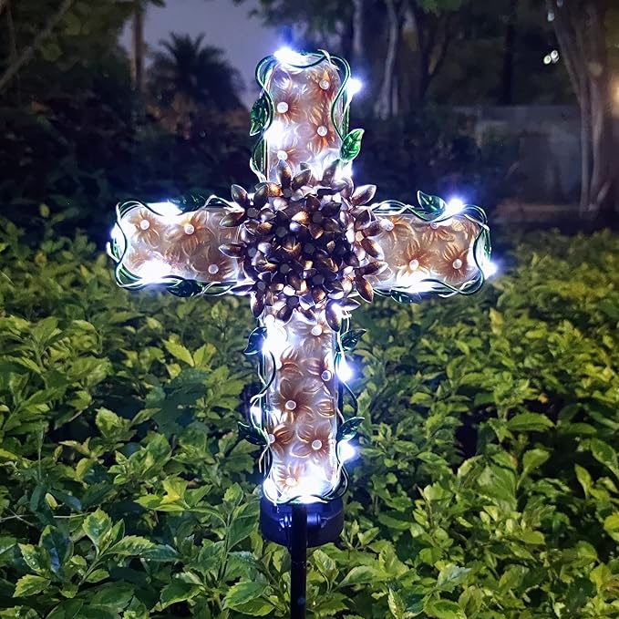 COOZZYHOUR 38inch Cross Garden Solar Lights Outdoor Decorative - Solar Metal&Glass Cross Apricot Hydrangea Flower Stake Lights- Waterproof 20 White LED for Remembrance Gifts & Sympathy Gifts