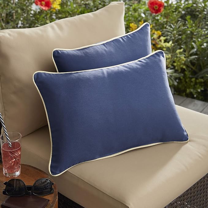 Sorra Home Dark Blue with Ivory Indoor/Outdoor Pillow Set, 14 in x 24 in