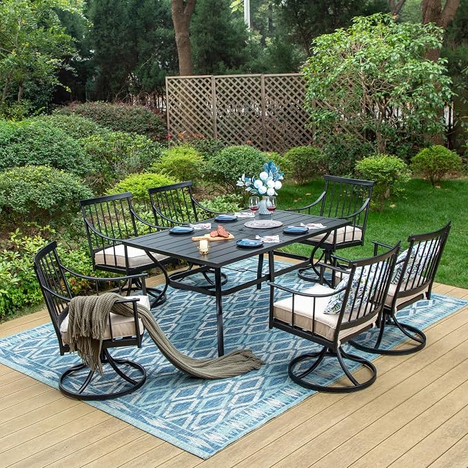 MFSTUDIO 7-Piece Patio Dining Set, Swivel Metal Chairs, Umbrella Hole | 60" Rectangular Metal Table, Removable Cushions