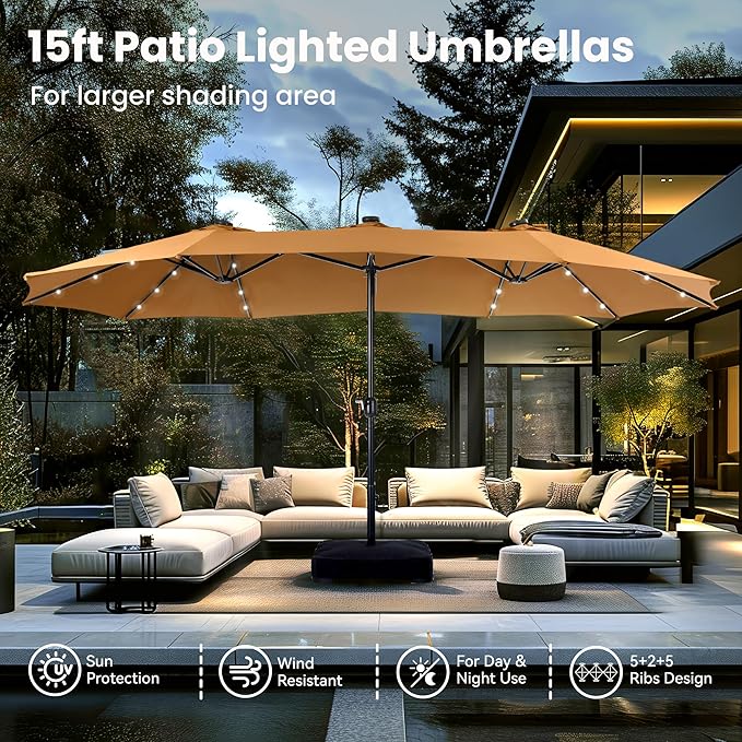 PHI VILLA 15ft Large Patio Umbrella with Solar Lights, Double-Sided Outdoor Market Rectangle Umbrellas with 36 LED Lights, Umbrella Base (Stand) Included, Tawny