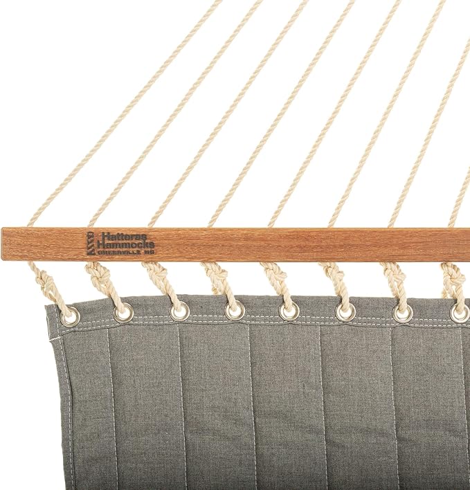 Hatteras Hammocks Large Cast Slate Sunbrella Quilted Hammock – 13 ft. x 55 in., 2-Person, 450 lb Capacity, Cumaru Spreader Bar, Zinc-Plated Hardware – Handcrafted in The USA