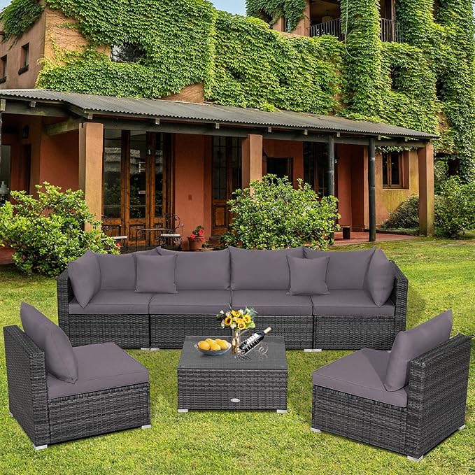Tangkula 7 Piece Patio Wicker Furniture Set, Outdoor Rattan Sectional Sofa Set for 6 with Seat & Back Cushions, 2 Throw Pillows, Sofa Fastener Clips, for Backyard, Poolside, Deck and Garden (Gray)