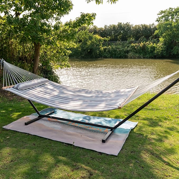 Lazy Daze Hammocks 12FT Quilted Fabric Double Hammock with Spreader Bars and Detachable Pillow, 2 Person, 450 lbs Capacity, Gray White