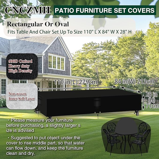 Heavy Duty Patio Furniture Covers Waterproof, 600D Outdoor Furniture Cover Waterproof for Sectional Sofa Couch, Outdoor Dining Table and Chair Set Covers 110''L x 84''W x 28''H, Black