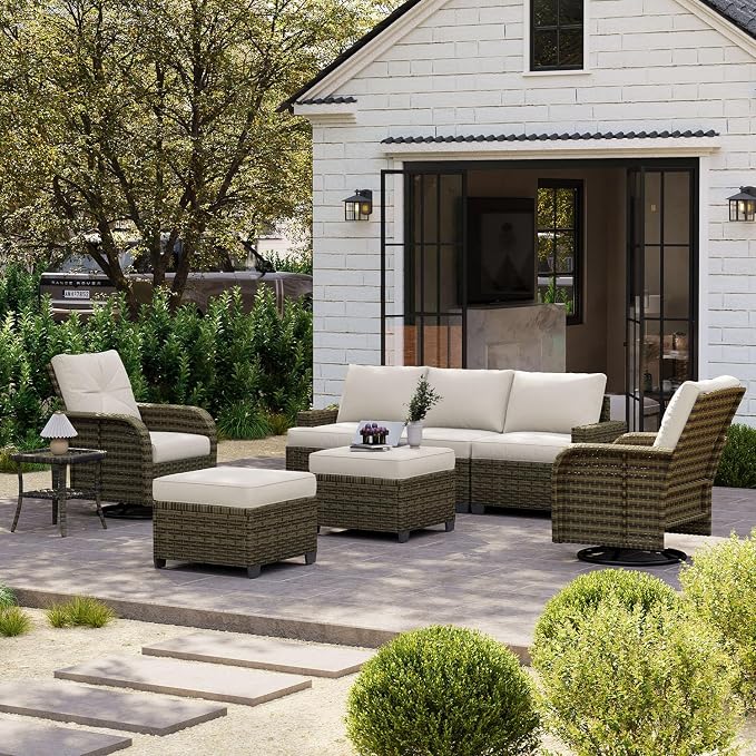 LazySunsets Luxury Patio Furniture Set，All-Weather Patio Sectional Sofas with Thickened Cushions, 8 Piece Outdoor Furniture Sectional Set with Swivel Rocker Chairs of 2，Beige
