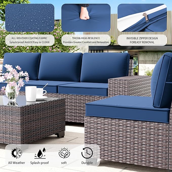 13 PCS Outdoor Patio Furniture Set,Outdoor Sectional Furniture with 43" 55000 BTU Gas Propane Fire Pit Table,All Weather PE Rattan Wicker Patio Conversation Set,Navy Blue