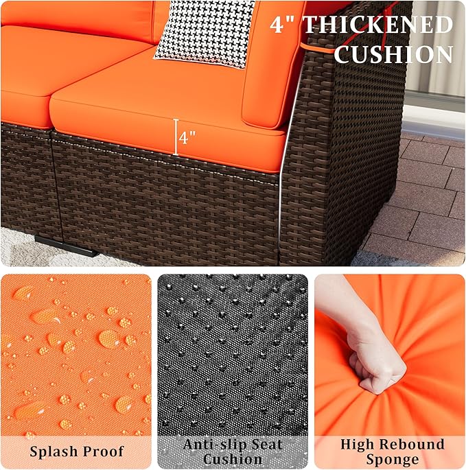 Patio Furniture Set, 5 Pieces Outdoor Sectional Sofa Set, PE Wicker Rattan Slanted Back Outdoor Conversation Set with Cushions and Glass Coffee Table, Orange