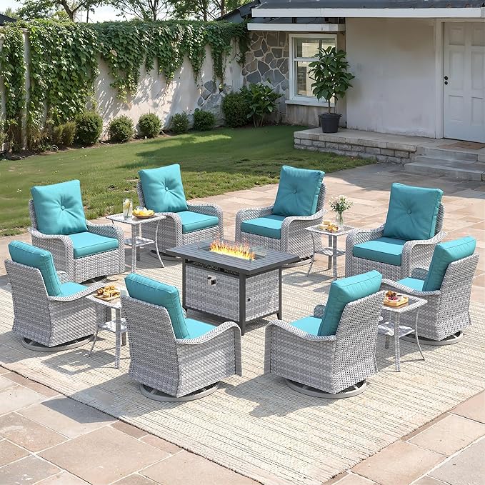 13-Piece Outdoor Conversation Set with 43" Fire Pit Table, 8 Swivel Rocking Chairs (4" Cushions) & 4 Side Tables, All-Weather PE Rattan & Steel Frame for Porch, Deck, Backyard, Turquoise