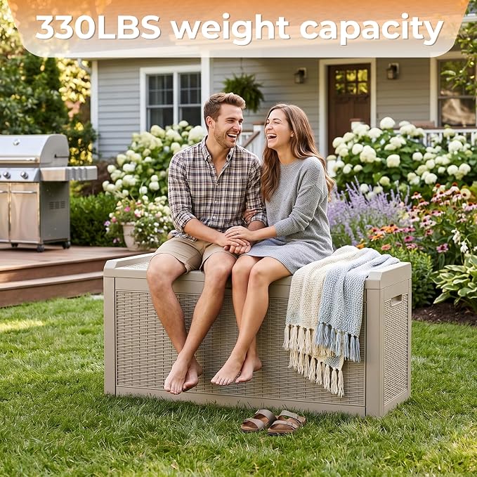 70 Gallon Weather Resistant Resin Storage Bench, Lockable Outdoor Deck Storage Box, Multi-Purpose Patio Container for Garden Tools, Pool & Picnic Accessories, Indoor Outdoor Use,Grey