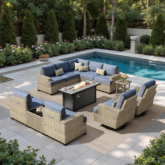 HOOOWOOO Sectional Patio Furniture Set With Fire Pit Table,12 Pieces Wicker Outdoor Furniture L Shaped Couch,Outside Conversation Set Extra Deep Sofa Wide Arm Swivel Chairs Solar Light,Dark Denim Blue