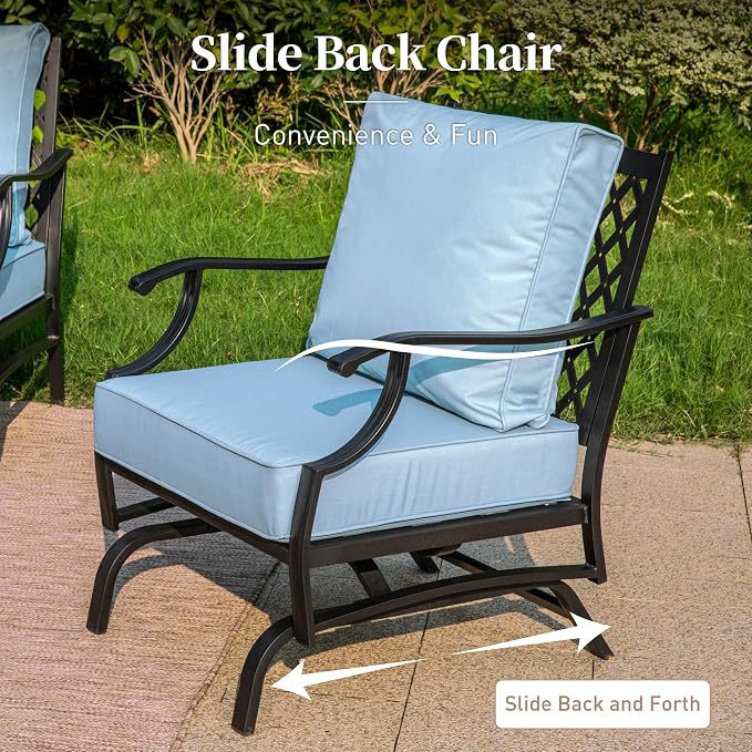 SUNSHINE VALLEY 5 Piece Metal Outdoor Patio Furniture Set with Fire Pit Table, Patio Conversation Sets 4 Rocking Chairs with 5.75" Thick Cushion and 5000 BTU Fire Pit Table, Backyard Furniture, Blue