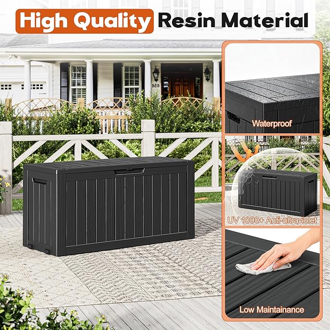 Outdoor Storage Box, Resin Deck Boxes Indoor and outdoor, Waterproof Storage Box Lockable Lid (Black, 80 Gallon)