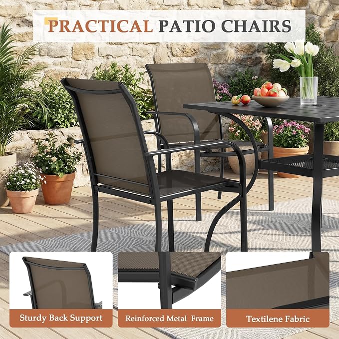 Incbruce 5 Pieces Patio Dining Set, Outdoor Dining Set of 4 Textilene Chairs and Square Table with Umbrella Hole for Backyard, Garden, and Poolside (Brown)