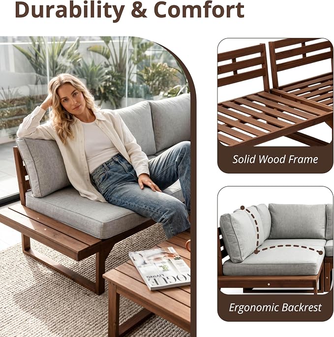 Outvita 4 Piece Wood Patio Furniture, L-Shaped Outdoor Sectional Sofa Set with Coffee Table, Conversation Set with Built-in Side Table, Coffee Table and Gray Cushions for Garden