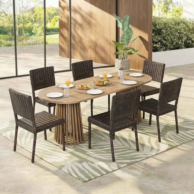 Christopher Knight Home Farley Acacia Wood Outdoor Dining Set for 6, 7 Piece Patio Dining Table and Chair Set, Faux Rattan Outdoor Dining Chair and Table Set, Teak+Light Brown