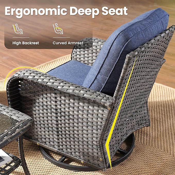 ovios 3-Piece Patio Furniture Set, Outdoor Wicker Sofa with Swivel Chairs, High Back Rattan Gliders Rocker with Comfy Cushions for Porch Yard Deck, Denim Blue