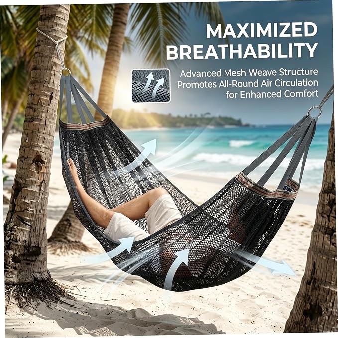 Camping Hammock Lightweight Portable, Anti-roll Breathable Mesh Outdoor Hammock with Tree Straps & Carry Bag, Black (102.36x51.18in)