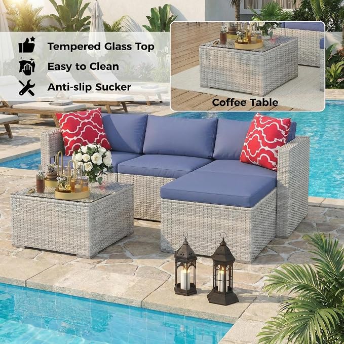 GarveeTech 5 Pieces Patio Furniture Set, All Weather Wicker Rattan Sectional Sofa, Outdoor Patio Furniture Set with Washable Cushions for Garden, Backyard, Porch, Poolside (Grey&Blue)