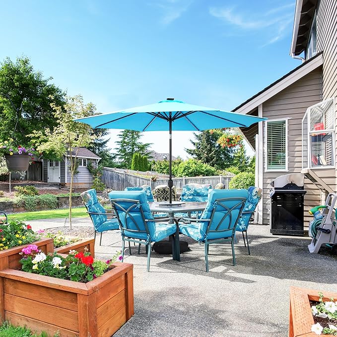 Sundale Outdoor Solar 88 LED 10 ft Patio Umbrella with Sand Bag Umbrella Base, Outdoor Umbrella with Tilt and Crank, Sky Blue