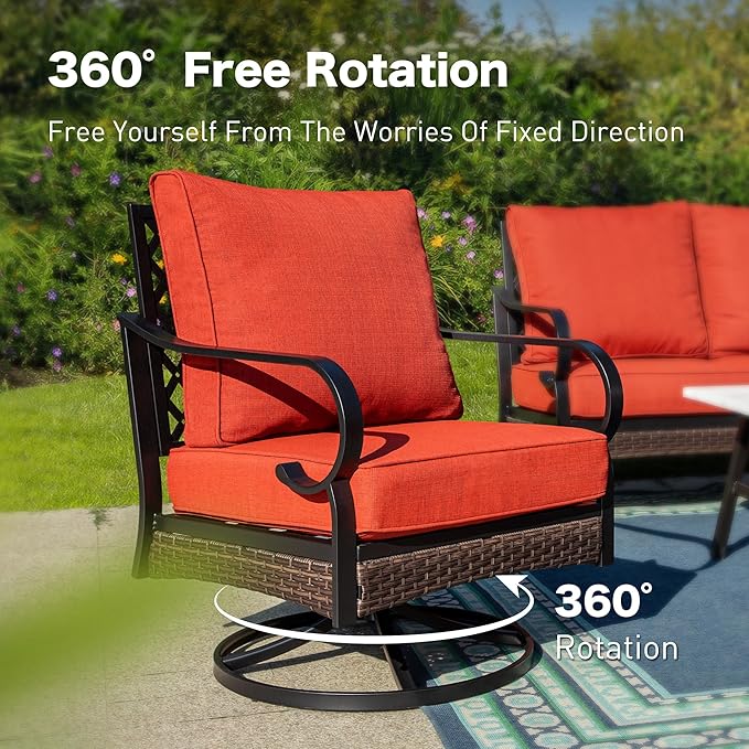 4 Piece Metal Outdoor Patio Furniture Sets with Firepit Table, Patio Conversation Sets 1 3-Seater Sofa, 2 Swivel Sofa with 5.75" Thick Cushion Backyard Furniture for Deck, Rust Red