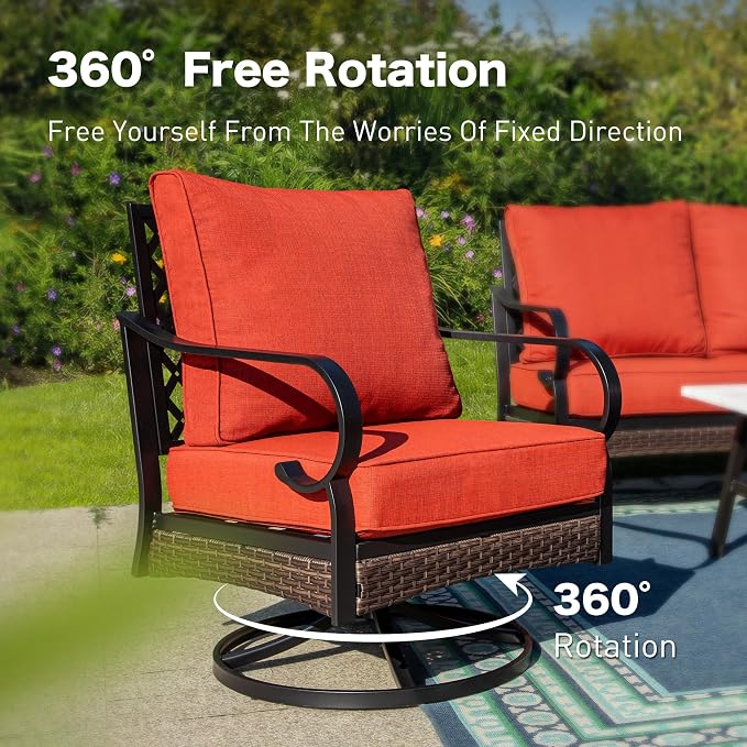 SUNSHINE VALLEY 6 Piece Metal Outdoor Patio Furniture Set, Patio Conversation Set with Swivel Chair and 5.75" Thick Cushion & Coffee Tabl, Outdoor Seating Black Frame Backyard Furniture, Rust Red