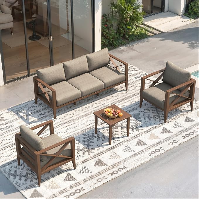 Aluminum Outdoor Patio Furniture Set with 5.2" Thick Cushions, 6-Piece Outdoor Sectional, Patio Conversation Sets for Backyard,(Brown,5 Seats)