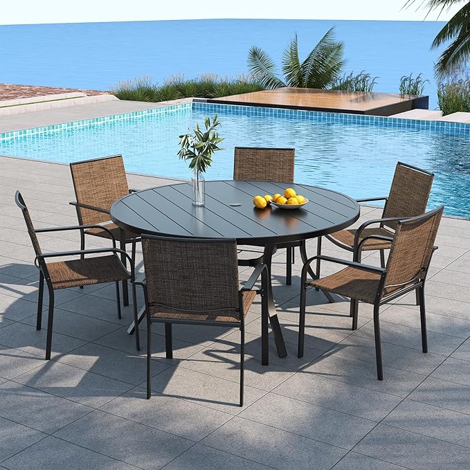 Anmutig 7-Piece Outdoor Patio Round Table and Chairs Set with 54 inch Metal Table, 6 Stackable Dining Chairs with Brown Textilene, Armrest