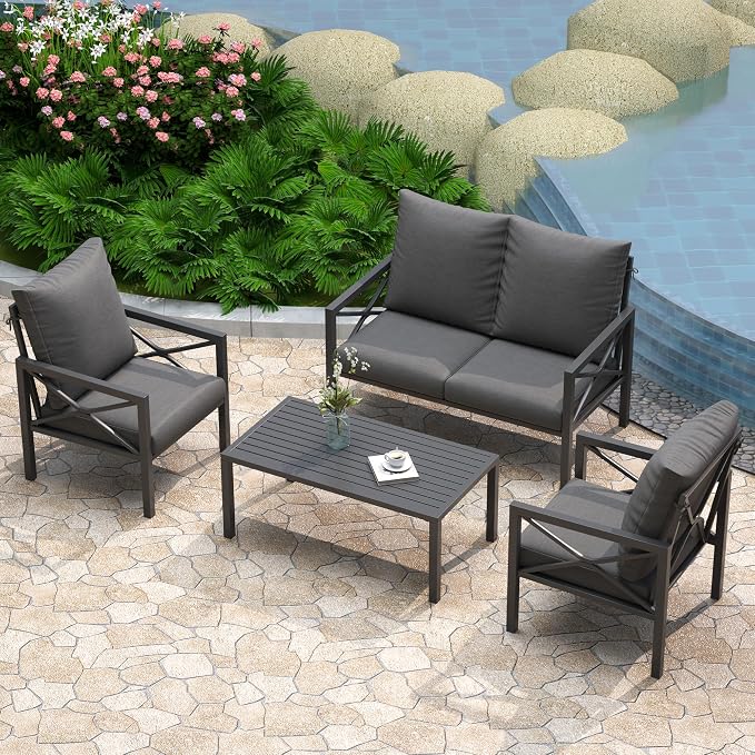 4-Piece All-Weather Metal Patio Furniture Set, Sectional Conversation Sofa w/Coffee Table, Heavy Duty Steel Frame & Washable Cushions for Backyard Garden (Grey, Furniture Set（X-Shaped）)