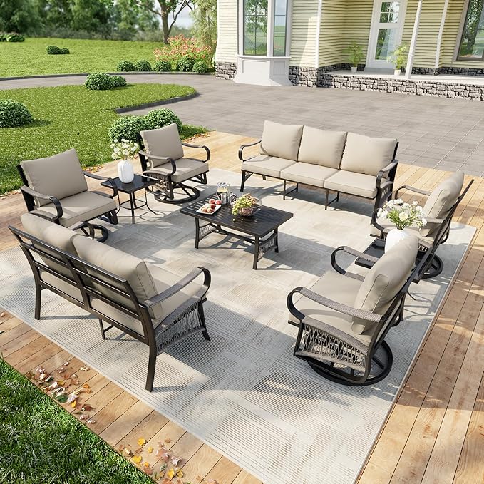 9 Pieces Patio Furniture Set, Metal Outdoor Conversation Sets with Swivel Chairs, Modern Couch Sofa Seating Group with Coffee Table and Side Table (Thick Beige Cushions)