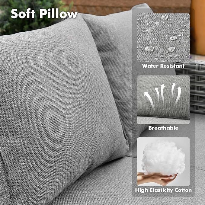 5-Piece Wicker Outdoor Sectional Furniture, Wide Armrest L-Shaped Patio Couch Set with Ottoman Thick Cushion, Modular Conversation Sets with Solar Table for Backyard Porch Balcony, Dark Gray