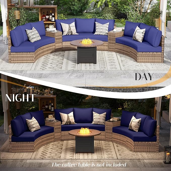 PaPaJet 11-Piece Patio Furniture Set, Half-Moon Outdoor Wicker Sectional Sofa with Large Storage Wedge Table, All-Weather Wicker Conversation Set for Backyard, Garden, or Deck, Blue