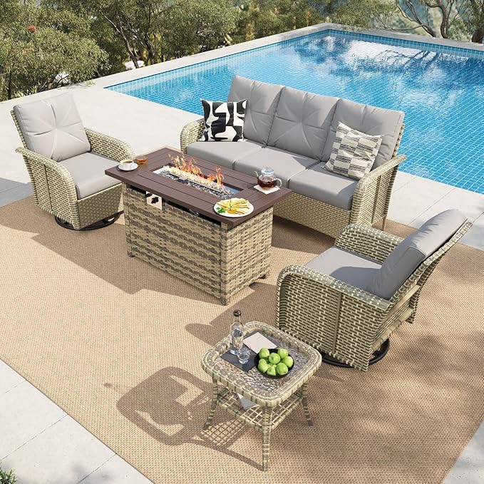 LazySunsets 7 Piece Outdoor Patio Furniture Set with 44'' Fire Pit Table, Wicker Rattan Outdoor Furniture with High Back Swivel Rocker Chairs, Outdoor Sofa Set with Thick Cushions, Grey