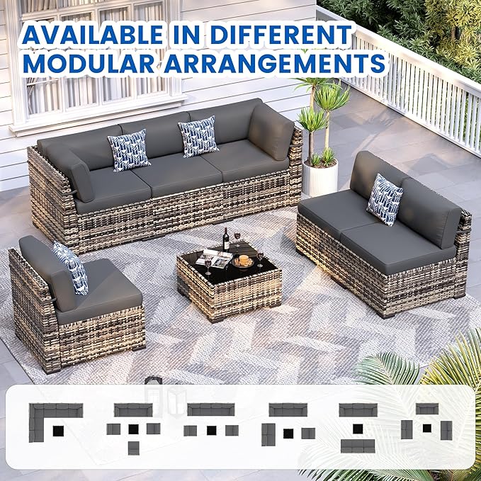 Patio Furniture Sets, 7-Piece Outdoor Patio Furniture with Thick Cushions,Coffee Table Outdoor All-Weather Conversation Set Sectional Sofa for Backyard, Poolside, Garden(Grey)